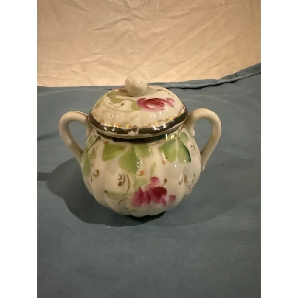 Antique Hand Painted Porcelain Lidded Sugar Bowl Pink Roses Gold Trim Victorian